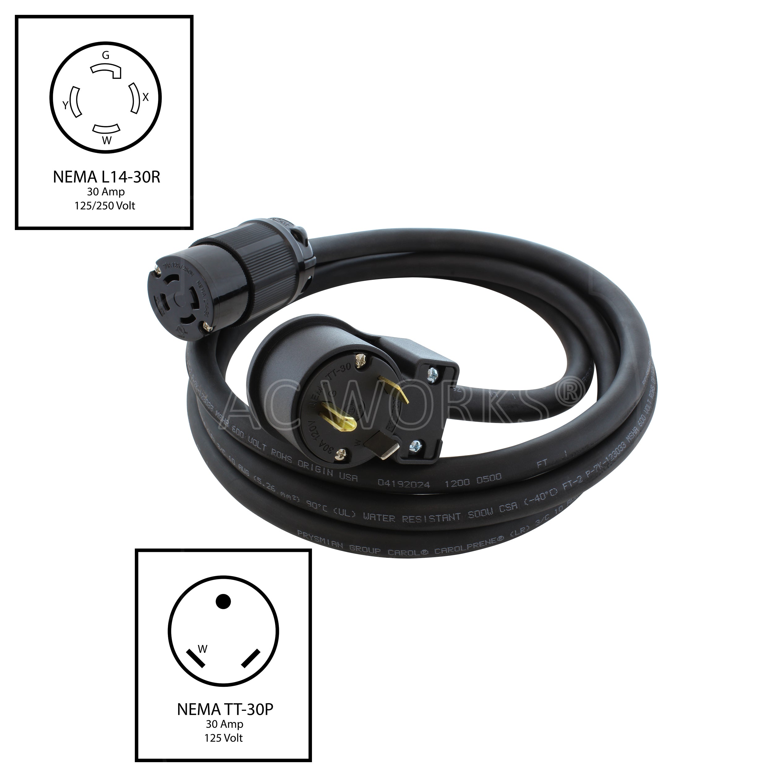 NEMA TT-30P, 30 Amp, 125 Volt, male plug to NEMA L14-30R 30 Amp, 125/250 Volts female connector