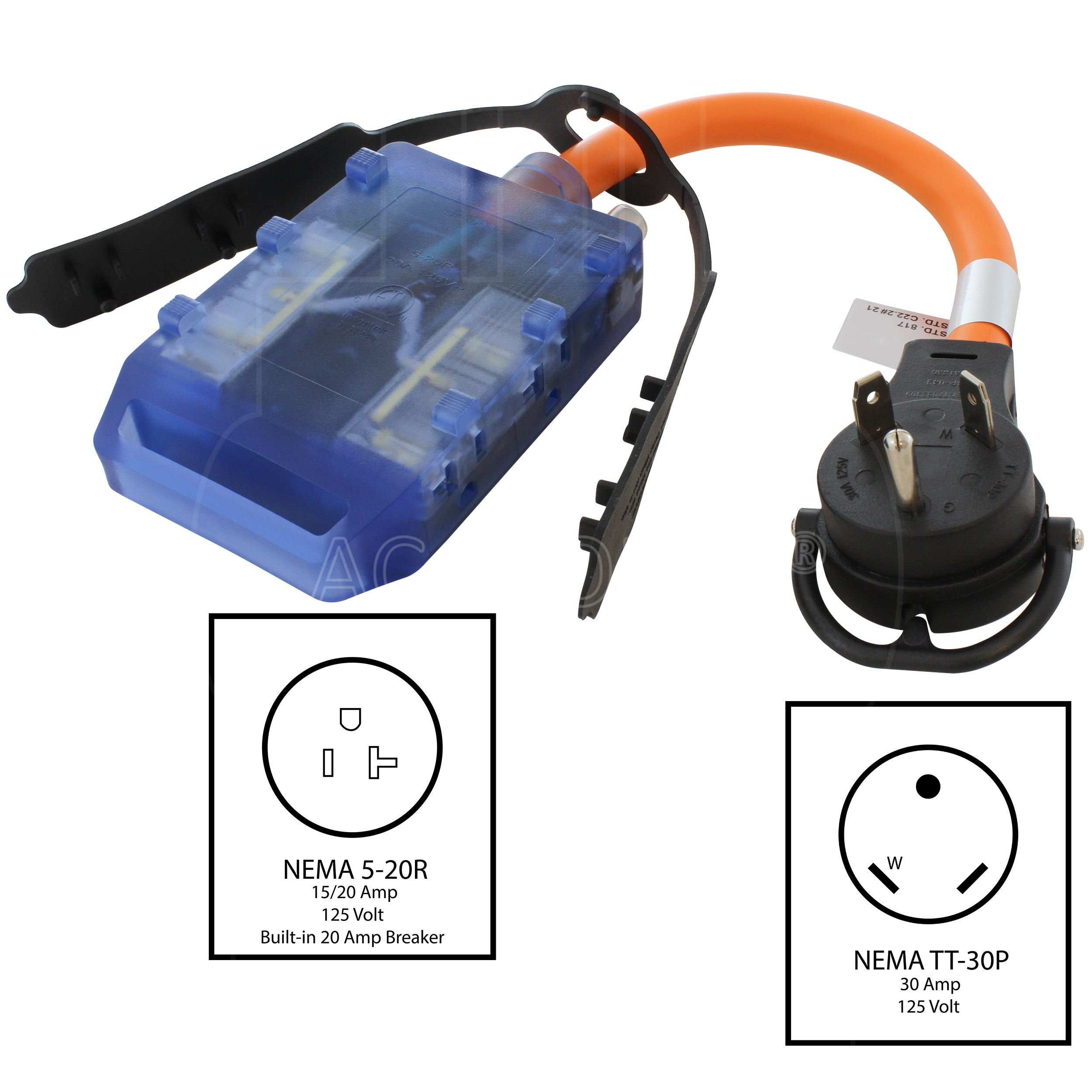 NEMA TT-30P, 30 amp 125 volt male plug to (4) T-blade NEMA 5-15/20R15/20 amp 125 volt female household outlets with built in 20 amp circuit breaker.