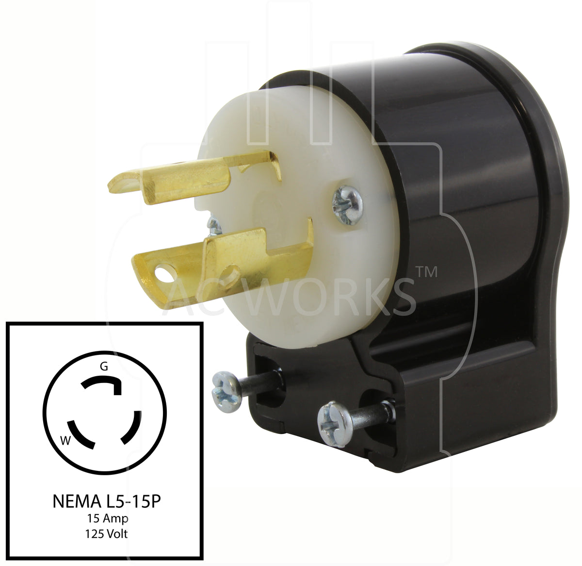 AC WORKS® NEMA L5-15P 15A 125V 3-Prong All Angles Locking Plug UL C-UL ...