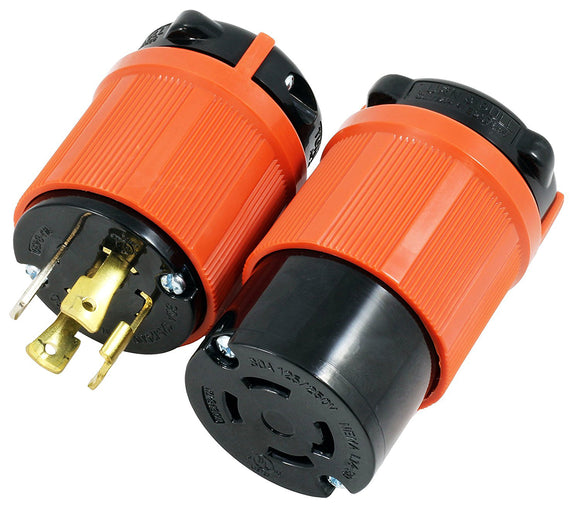 AC Works, assembly plug and outlet, locking plug and connector assembly, 30 amp plug and connector assembly