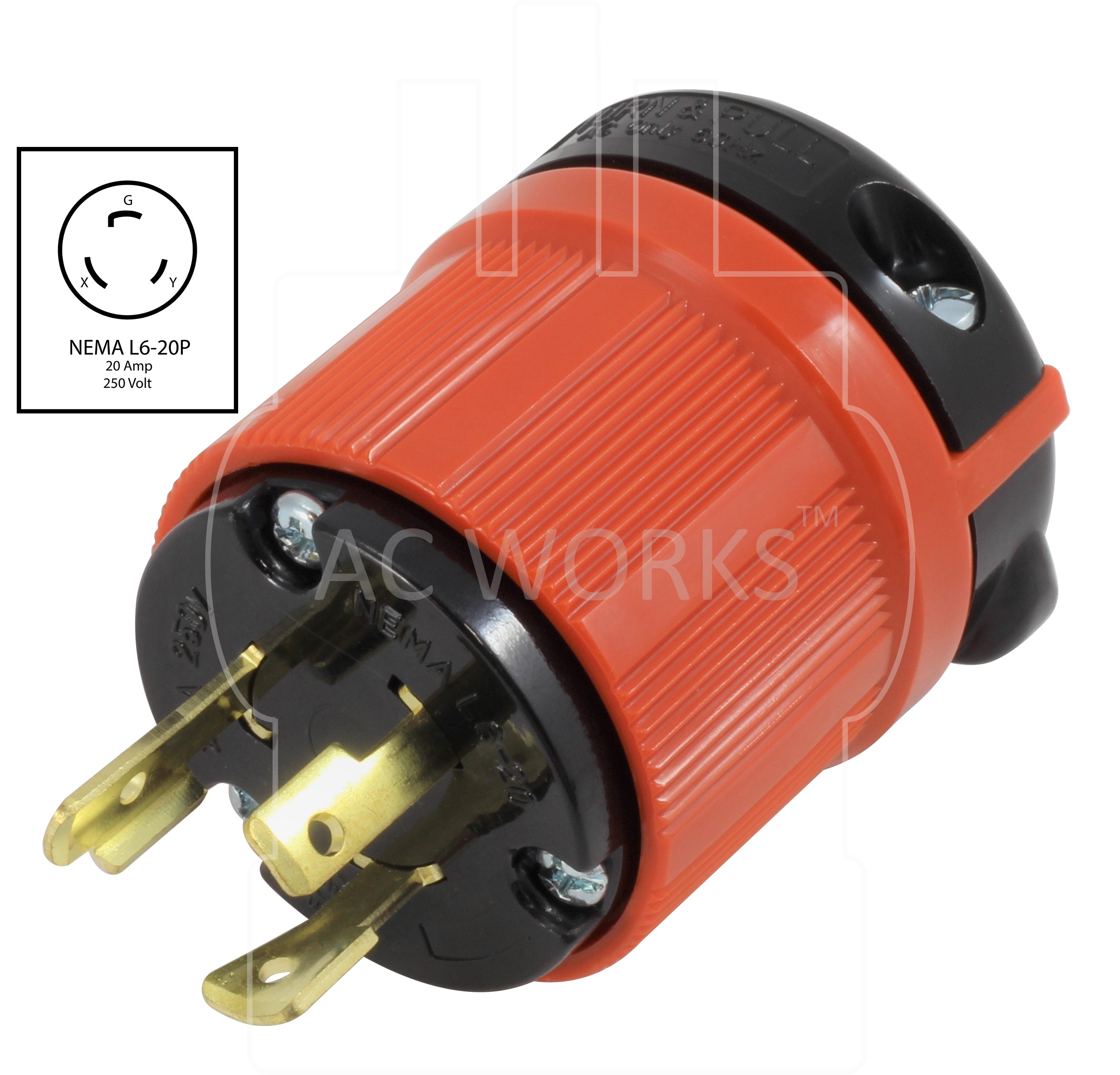 AC Works, NEMA L6-20P, L6-20P, L620P, L620, 20 amp twist lock plug, twist lock plug, locking plug, 250 volt plug assembly,