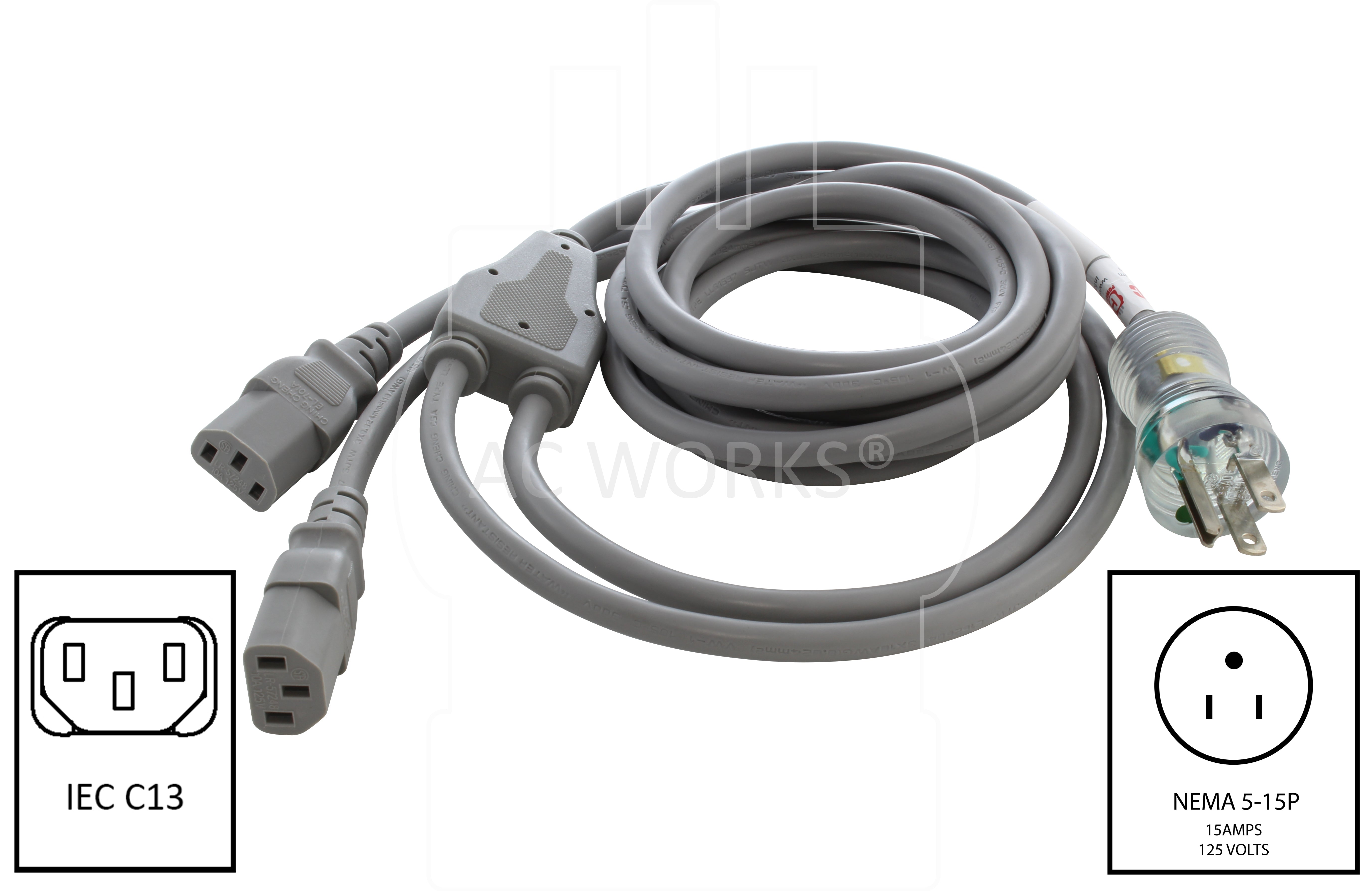 NEMA 5-15P to two IEC C13, 515 male plug to two C13 female connectors,