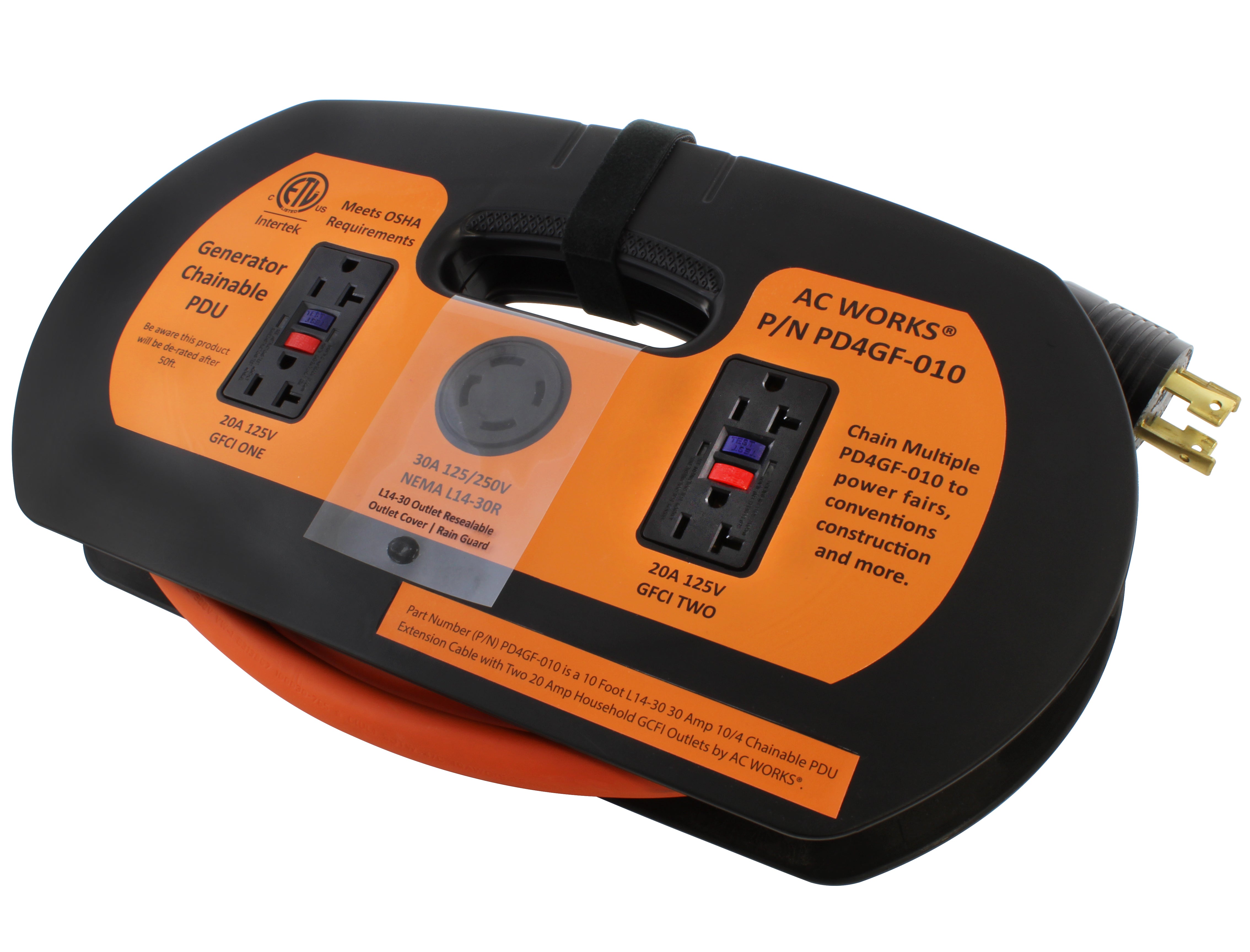 daisy chain generator PDU by AC WORKS®, chainable generator power distributor from AC Connectors, L14-30 generator power distributor with clear plastic protective film.