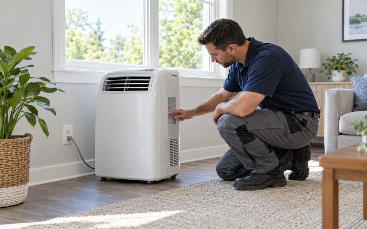 Technician checking the electrical rating label on an air conditioner beside a properly installed wall outlet.
