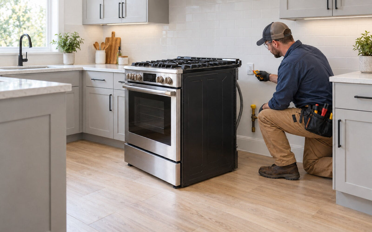 Licensed electrician checks a household outlet behind a gas range during an electric-to-gas stove conversion.