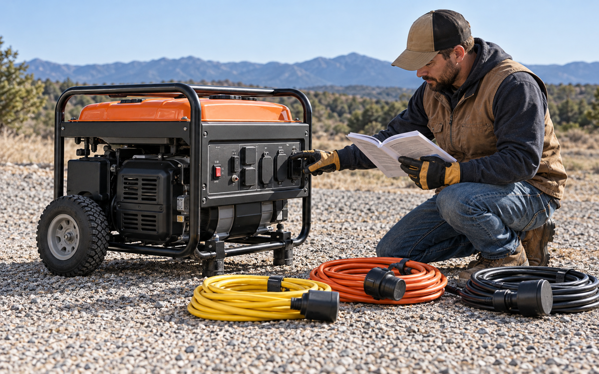 Technician safely reviewing a portable generator control panel and heavy-duty cords outdoors before choosing the correct outlet connection.