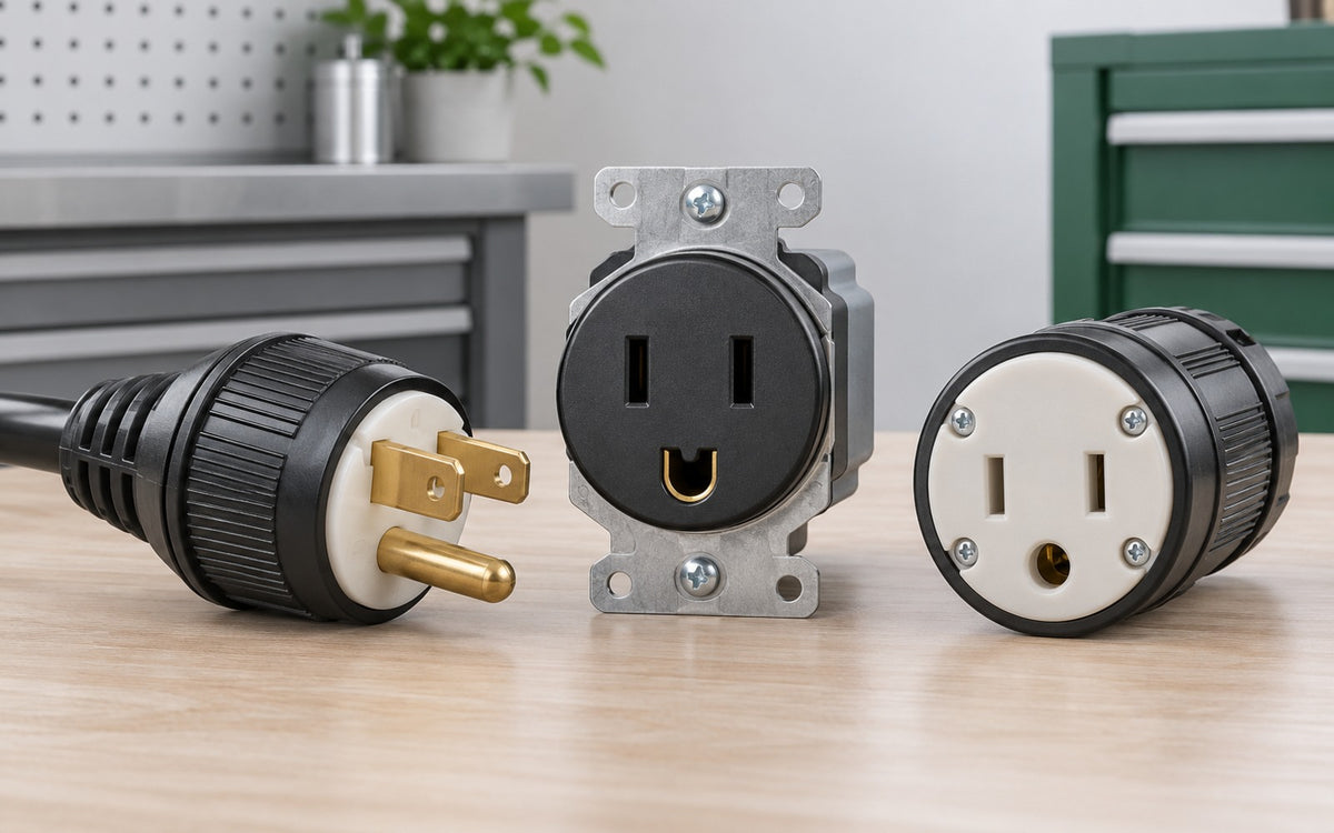 Unplugged electrical plug with a round ground pin beside U-shaped and round ground receptacle openings on a clean workbench.