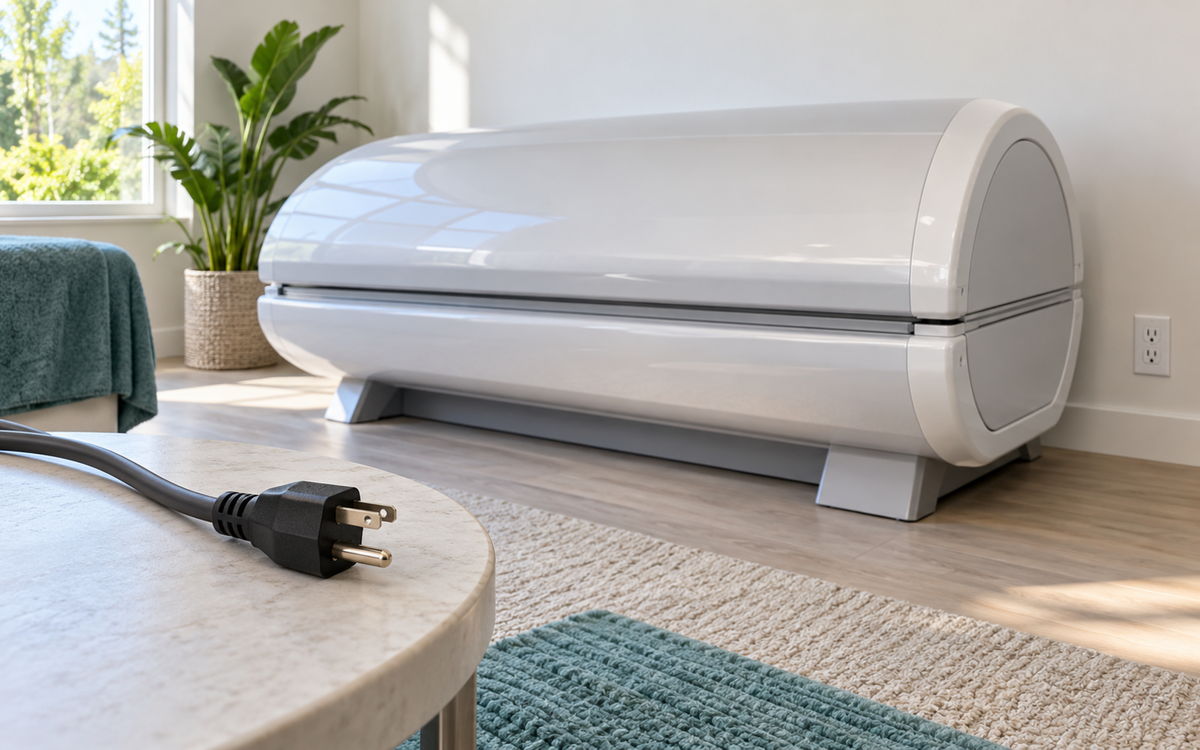 Unplugged tanning bed power cord beside a closed home tanning bed and a properly installed wall outlet.