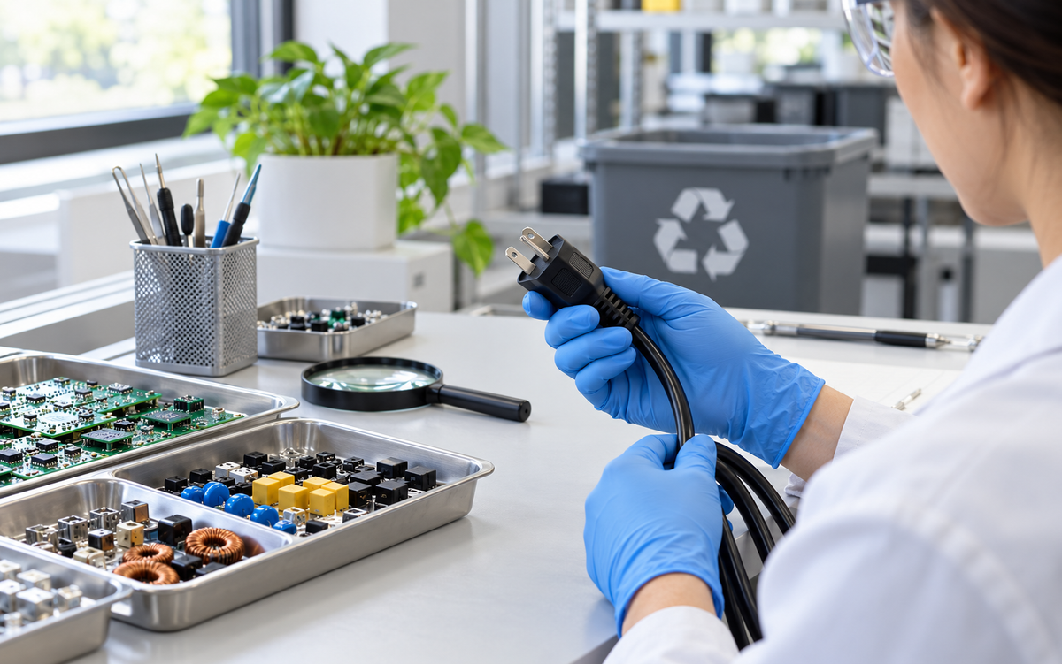 Quality technician in protective gloves inspecting an unplugged power cord beside organized electronic components in a clean lab.