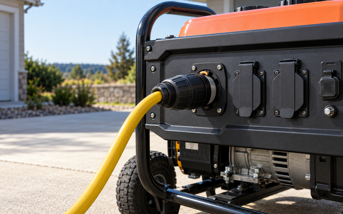 Portable generator outdoors with a heavy-duty twist-lock plug secured in a round locking outlet.