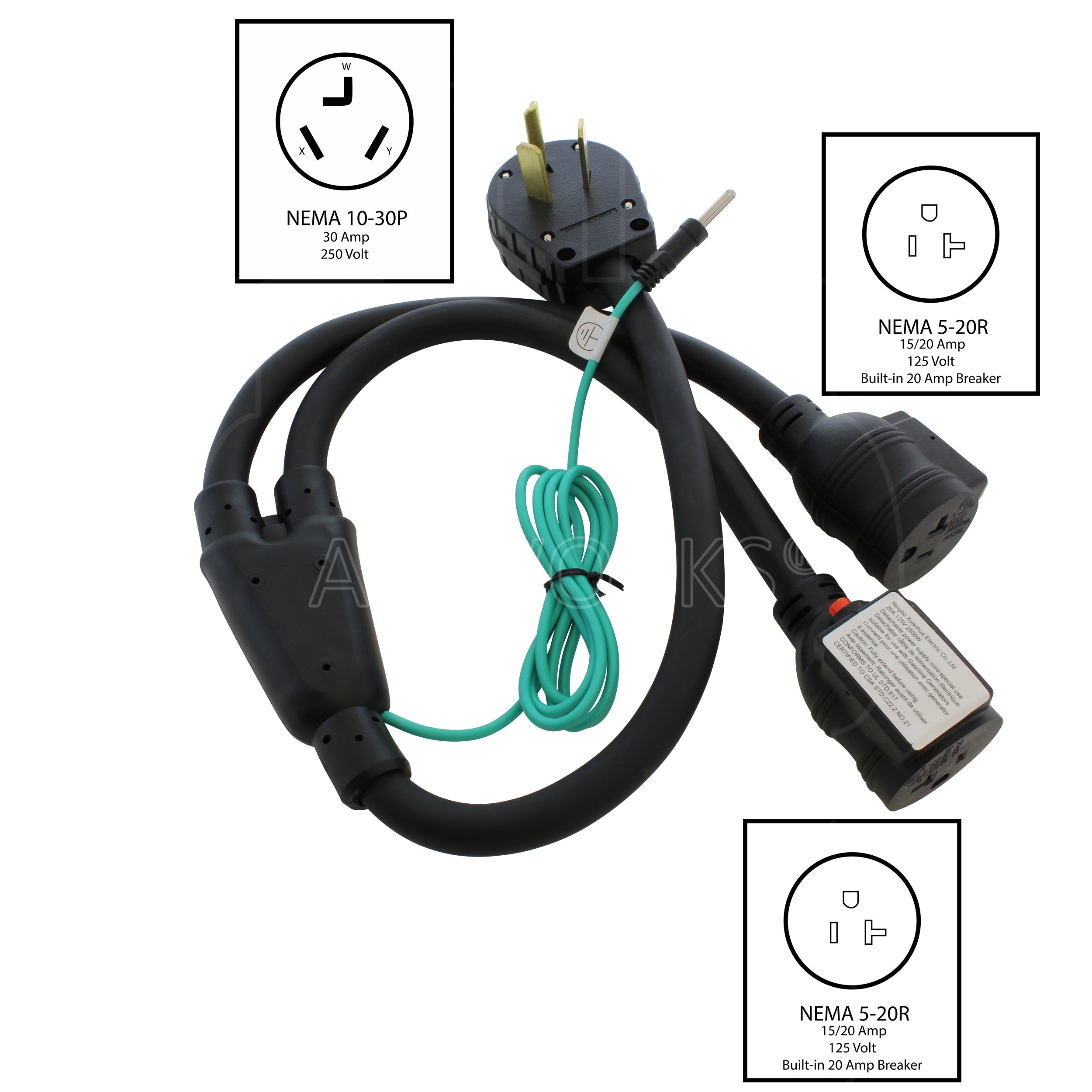 AC WORKS® [1030YCB520] 30A 125/250V NEMA 10-30 3-Prong Dryer Plug to Two NEMA 5-20 Household Connections with 20A Breakers