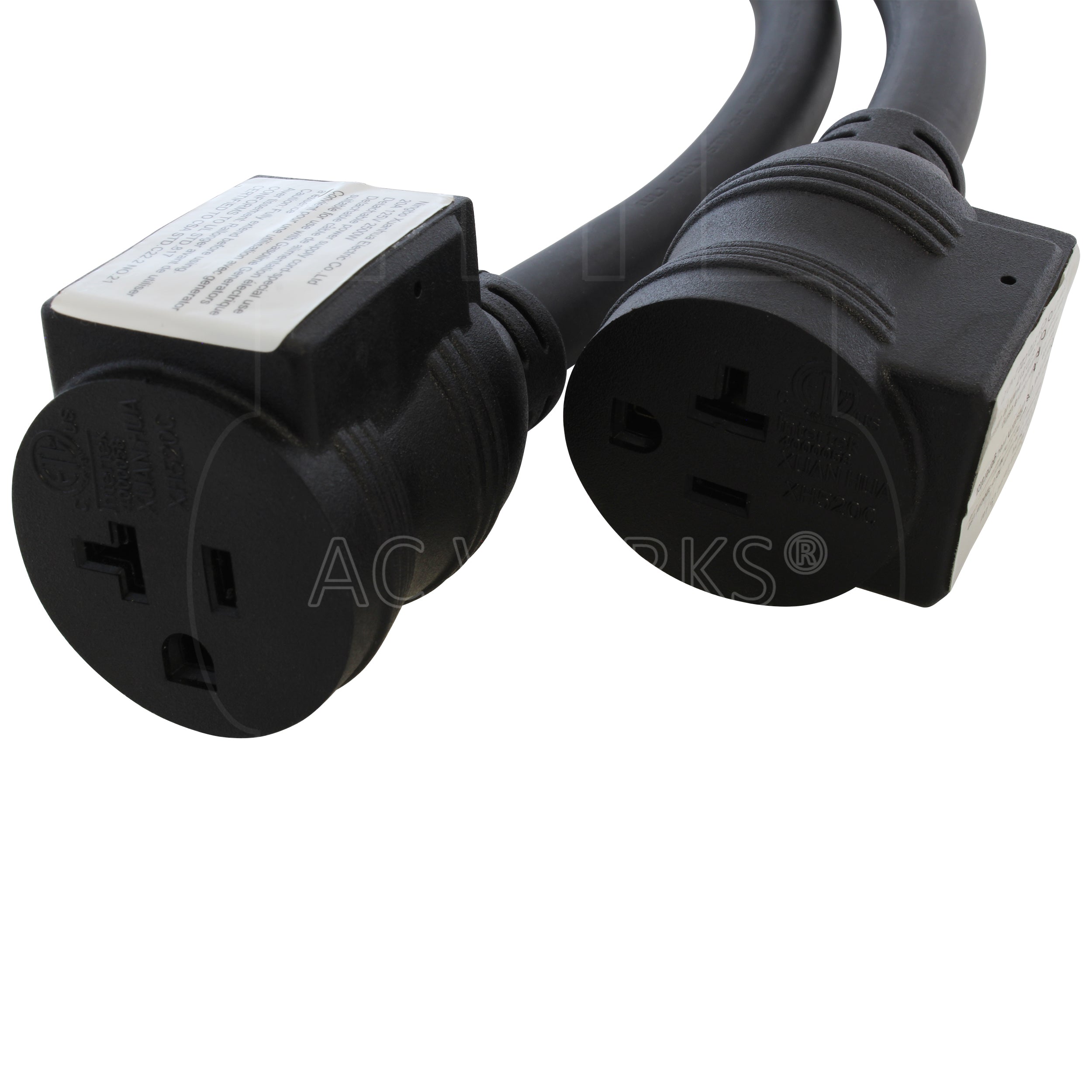 AC WORKS® [1030YCB520] 30A 125/250V NEMA 10-30 3-Prong Dryer Plug to Two NEMA 5-20 Household Connections with 20A Breakers