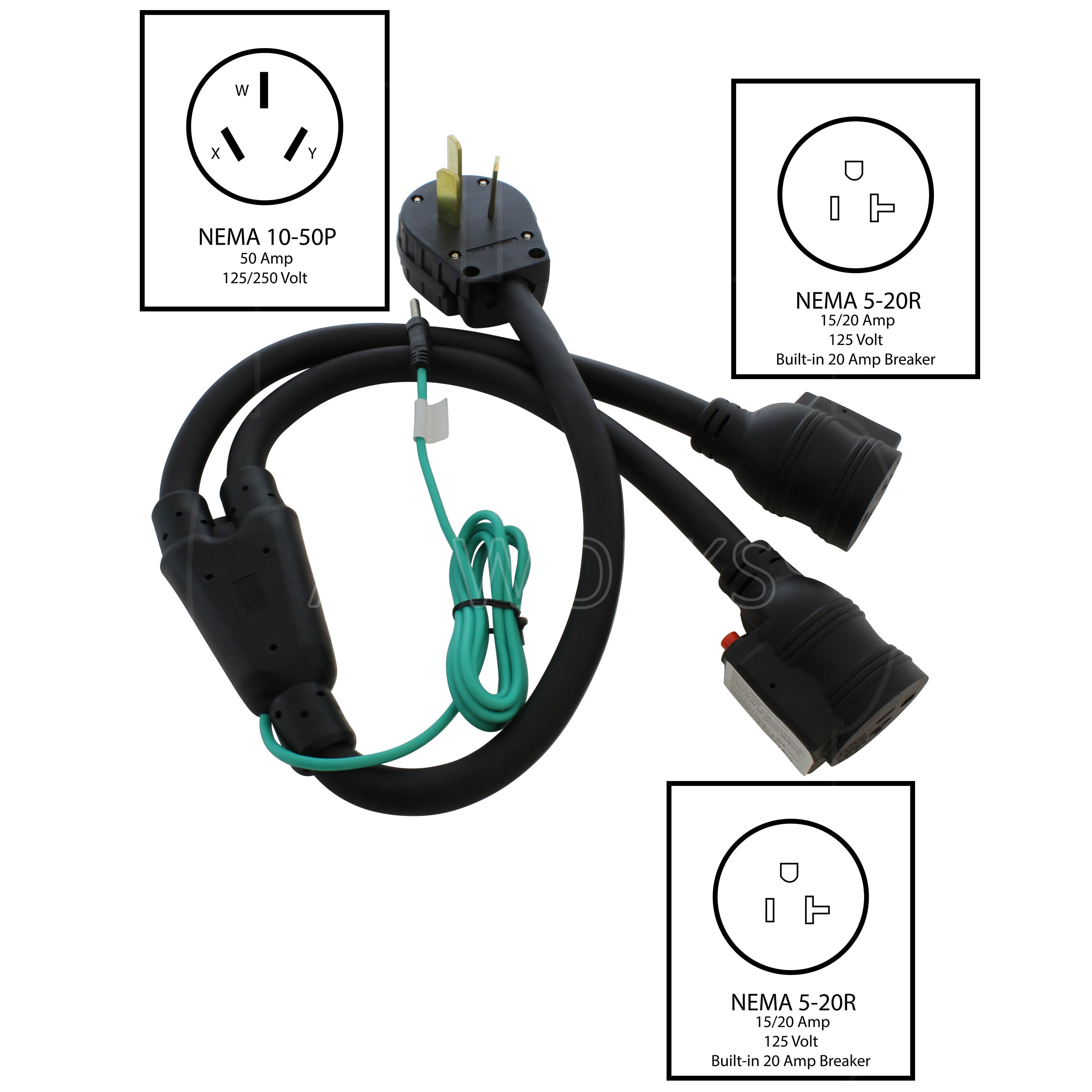 50A NEMA 10-50 Plug to Two 20A Household Connections With 20A
