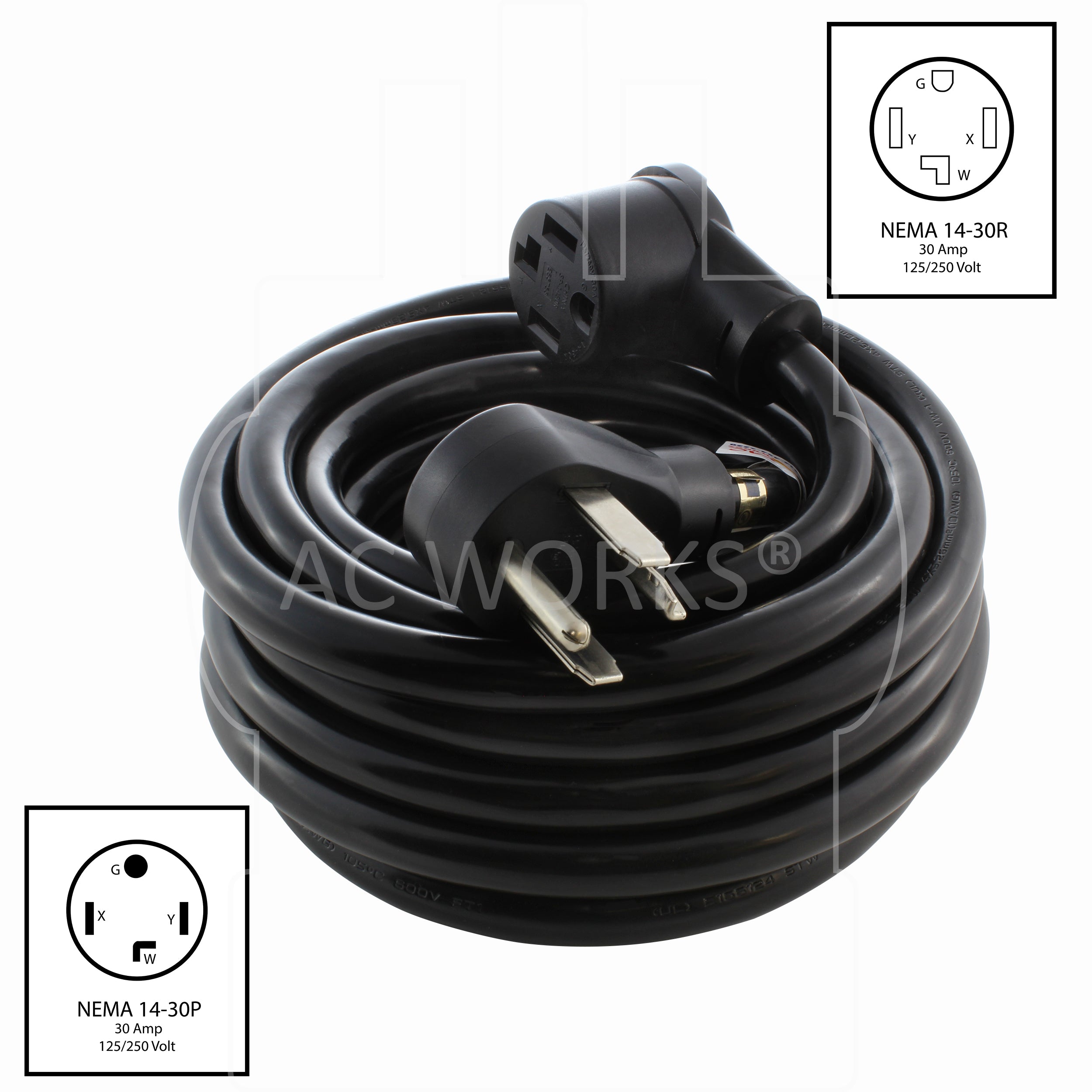 AC WORKS® [1430PR] 30A 125/250 Volt NEMA 14-30 4-Prong Dryer Heavy-Duty STW 10/4 Extension Cord