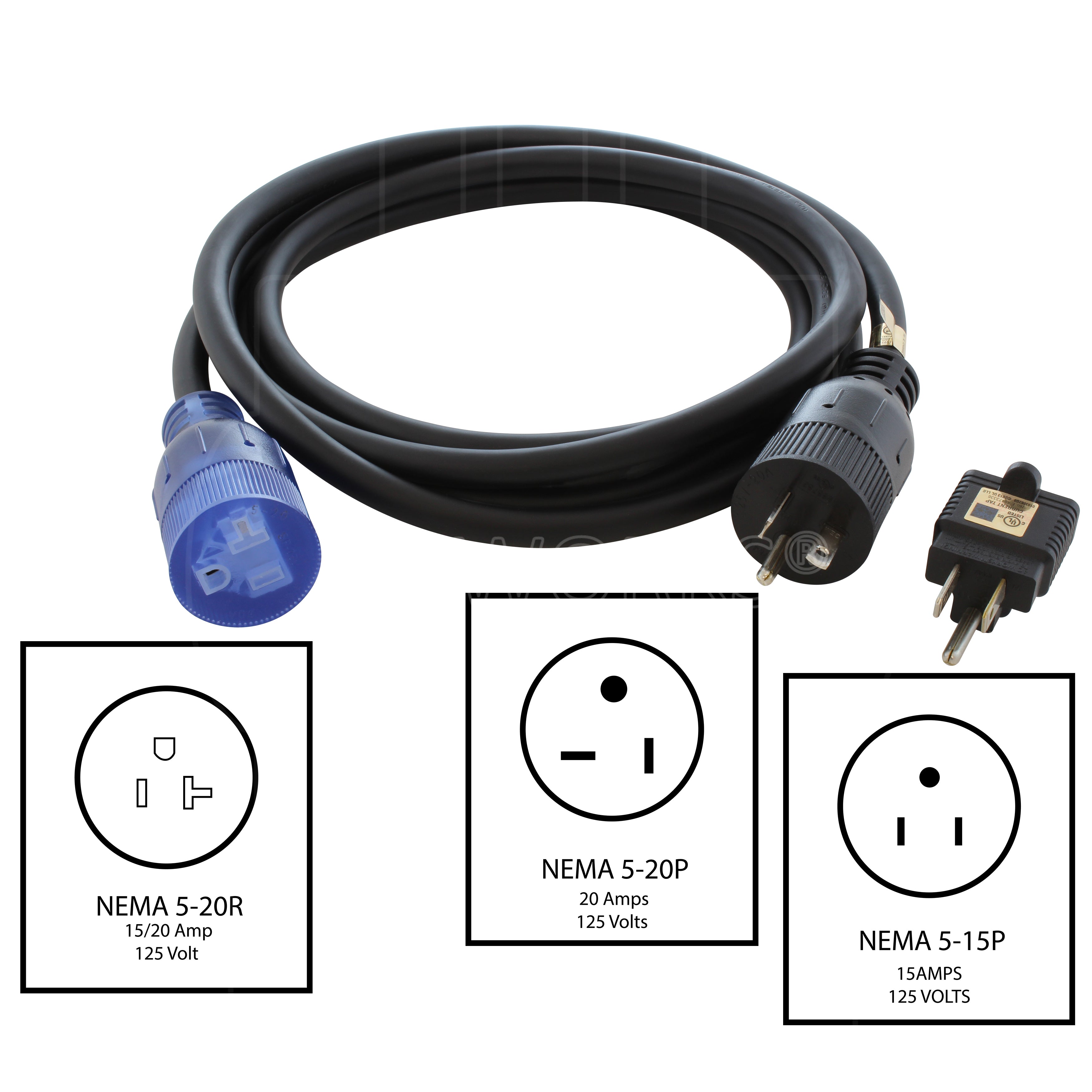 NEMA 5-20 cord with 5-15 adapter