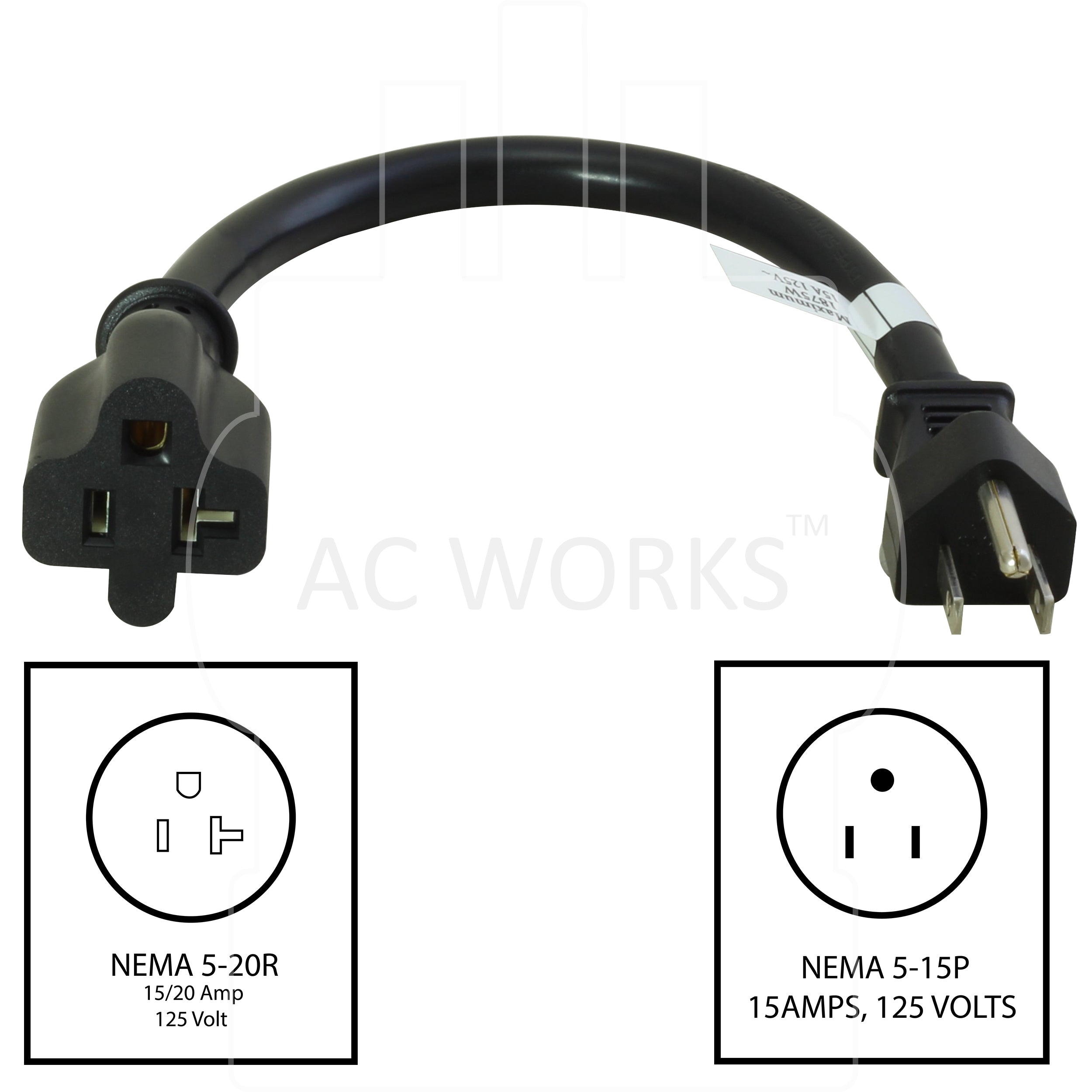 AC WORKS® [S515520-012]1Ft 15A to 20A Plug Adapter Cord NEMA 5-15P