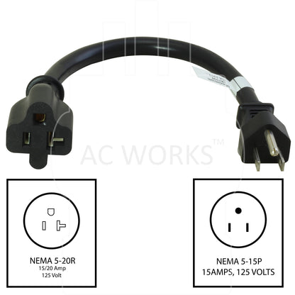 AC WORKS® [S515520-012]1Ft 15A to 20A Plug Adapter Cord NEMA 5-15P to 5-15/20R (20A T-Blade)