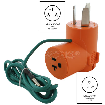 NEMA 10-50P to NEMA 5-20R adapter with ground wire