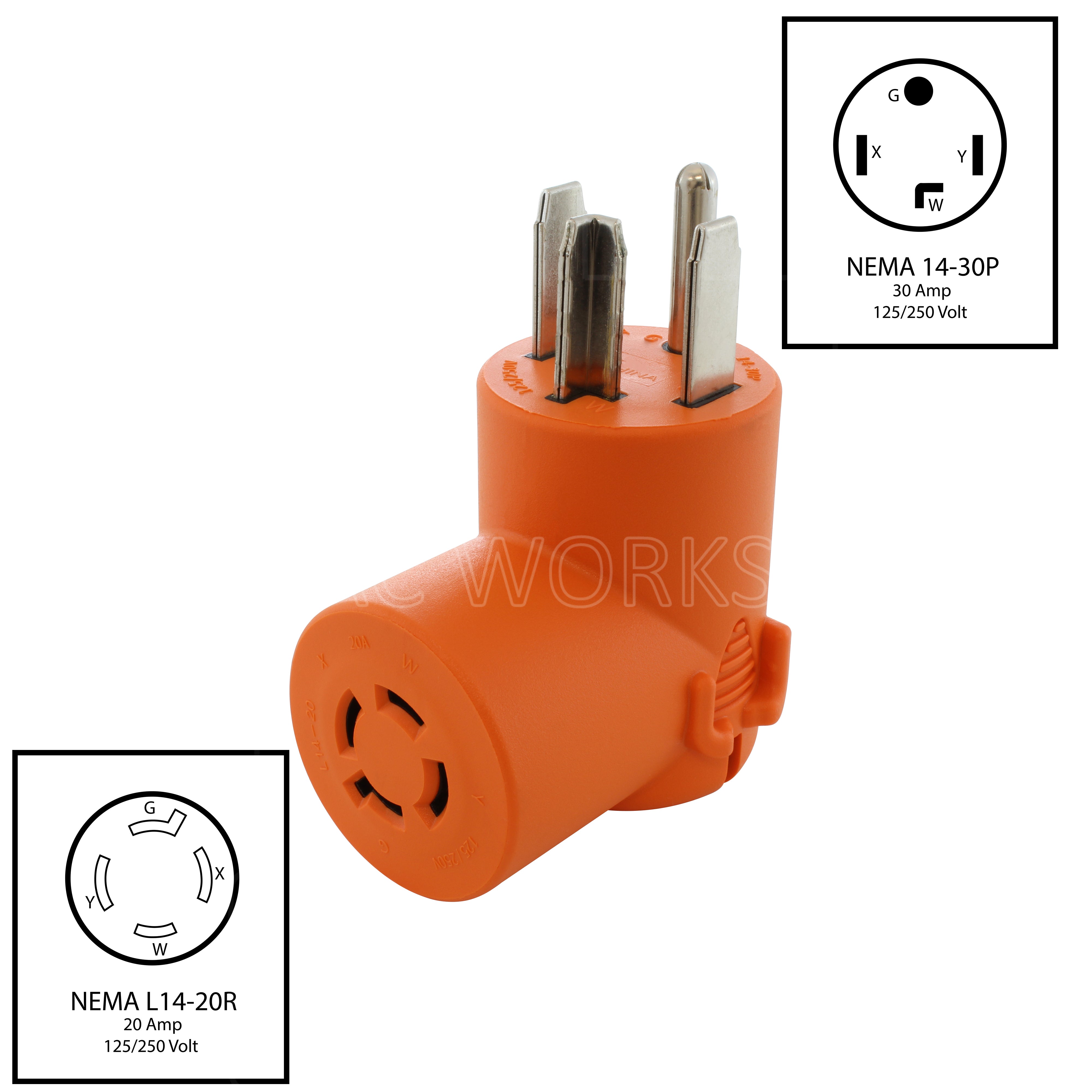 NEMA 14-30P to NEMA L14-20R 4-prong adapter