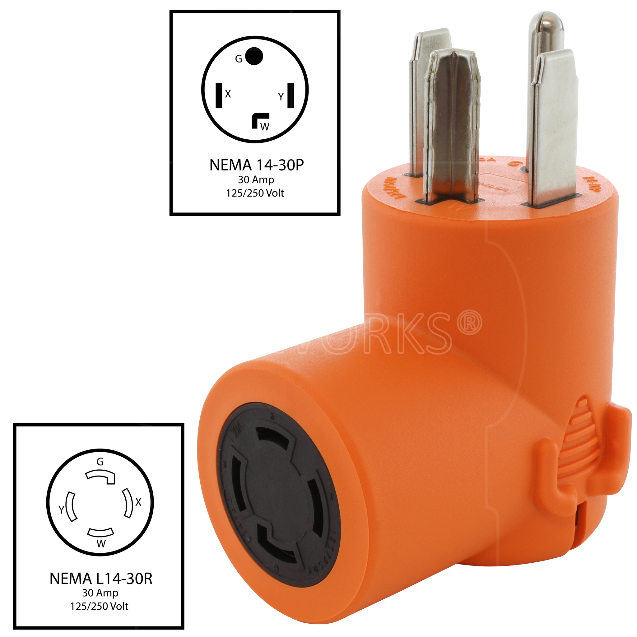 AC WORKS® 4-Prong Dryer Plug 14-30P to 4-Prong Locking L14-30R Adapter – AC  Connectors