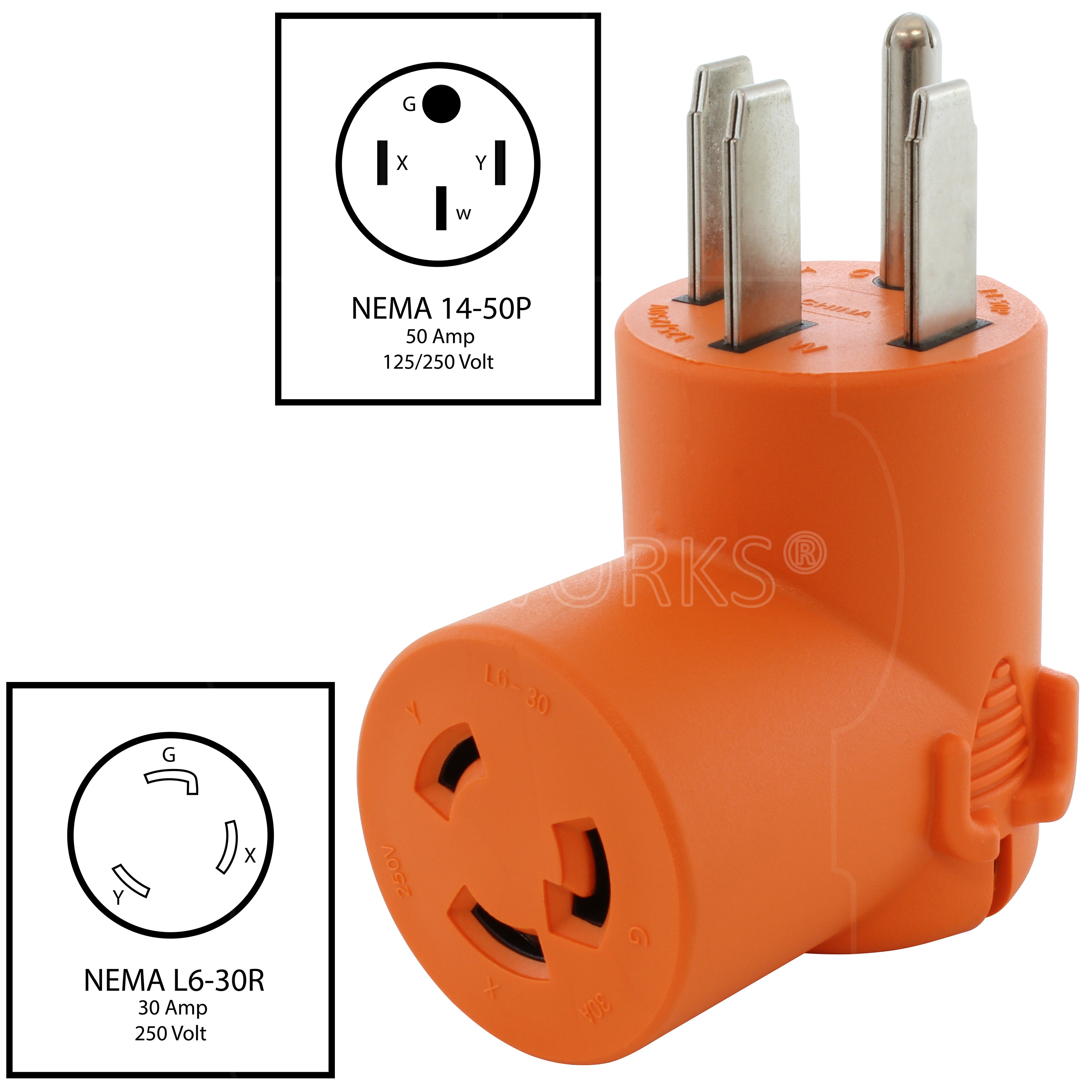 NEMA 14-50P to NEMA L6-30R 4-prong to 3-prong adapter