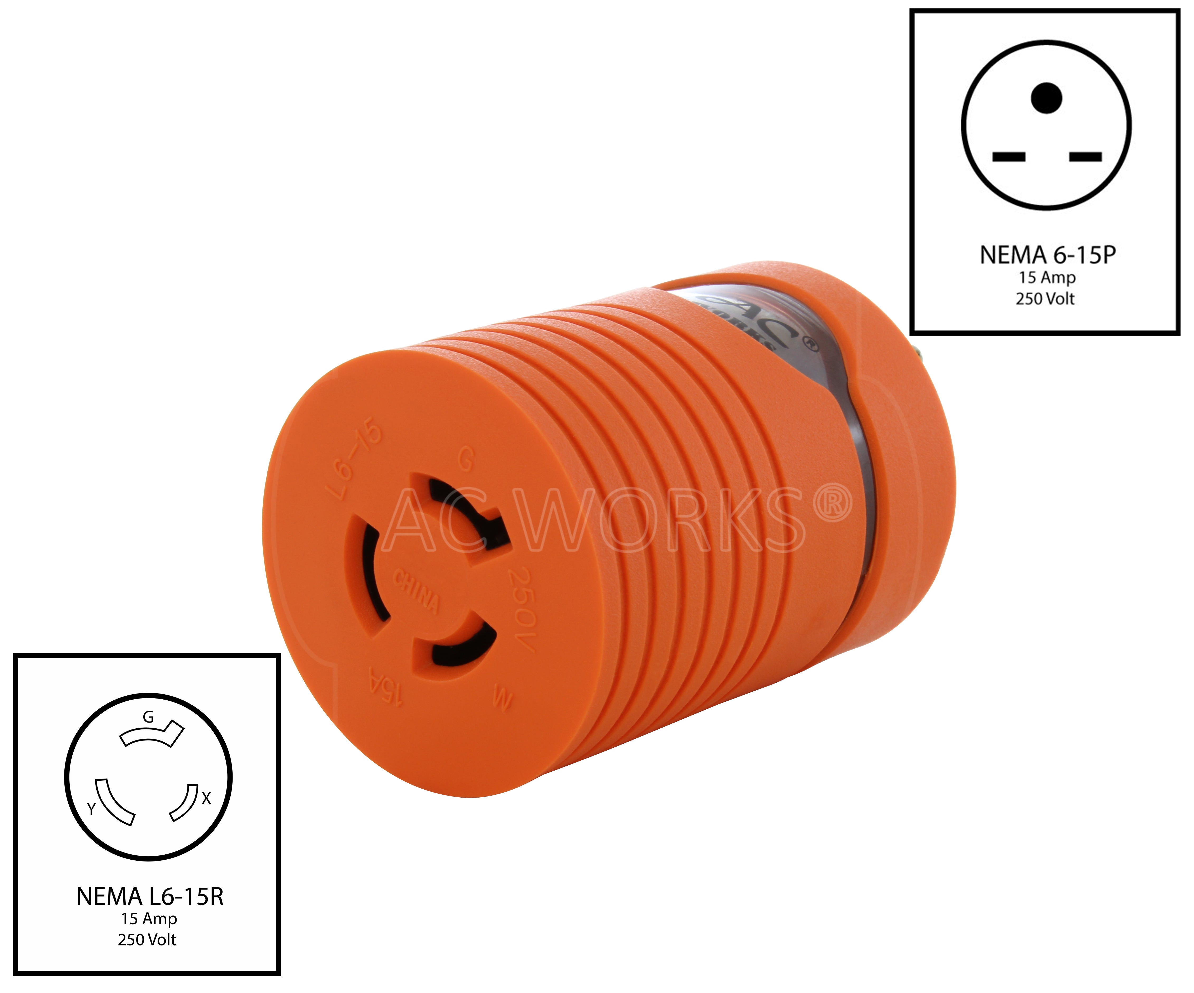 AC WORKS® [AD615L615] Adapter NEMA 6-15P 15A 250V Male Plug to Locking Female L6-15R 15A Connector