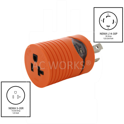 AC WORKS® [ADL1430520] L14-30P 30A 125/250V 4-Prong Plug - 5-15/20R Household 15/20A Connector