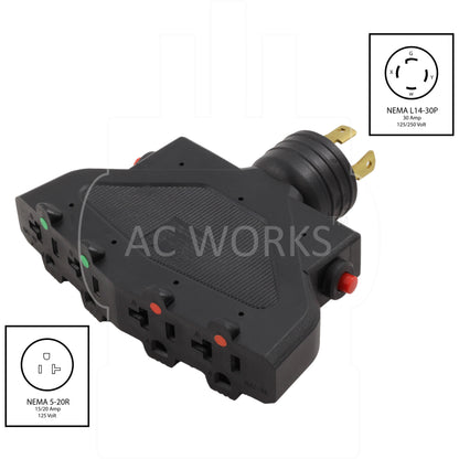 AC WORKS® [ADL1430F520-FD] PDU Adapter L14-30P 4-Prong 30A Plug - (4) 5-15/20 20A T-Blade Connectors