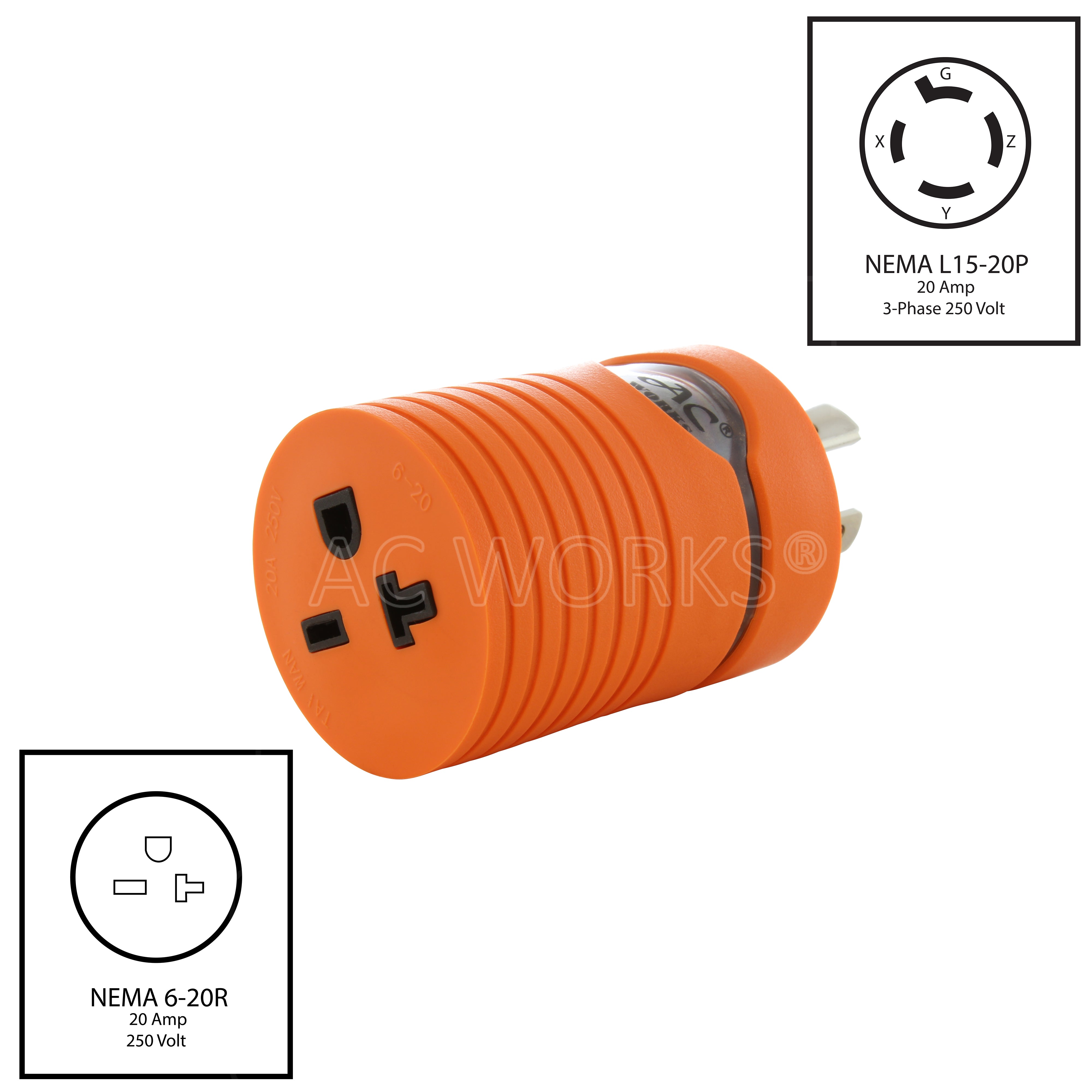 AC WORKS® [ADL1520620] Adapter L15-20P 20A 3-Phase 250V 4-Prong Plug to 6-15/20R 250V 15/20A T-Blade