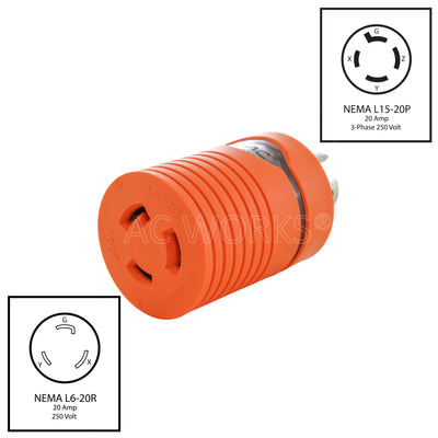 AC WORKS® [ADL1520L620] Adapter L15-20P 20A 3-Phase 250V 4-Prong Plug to L6-20R 20A 250V Connector