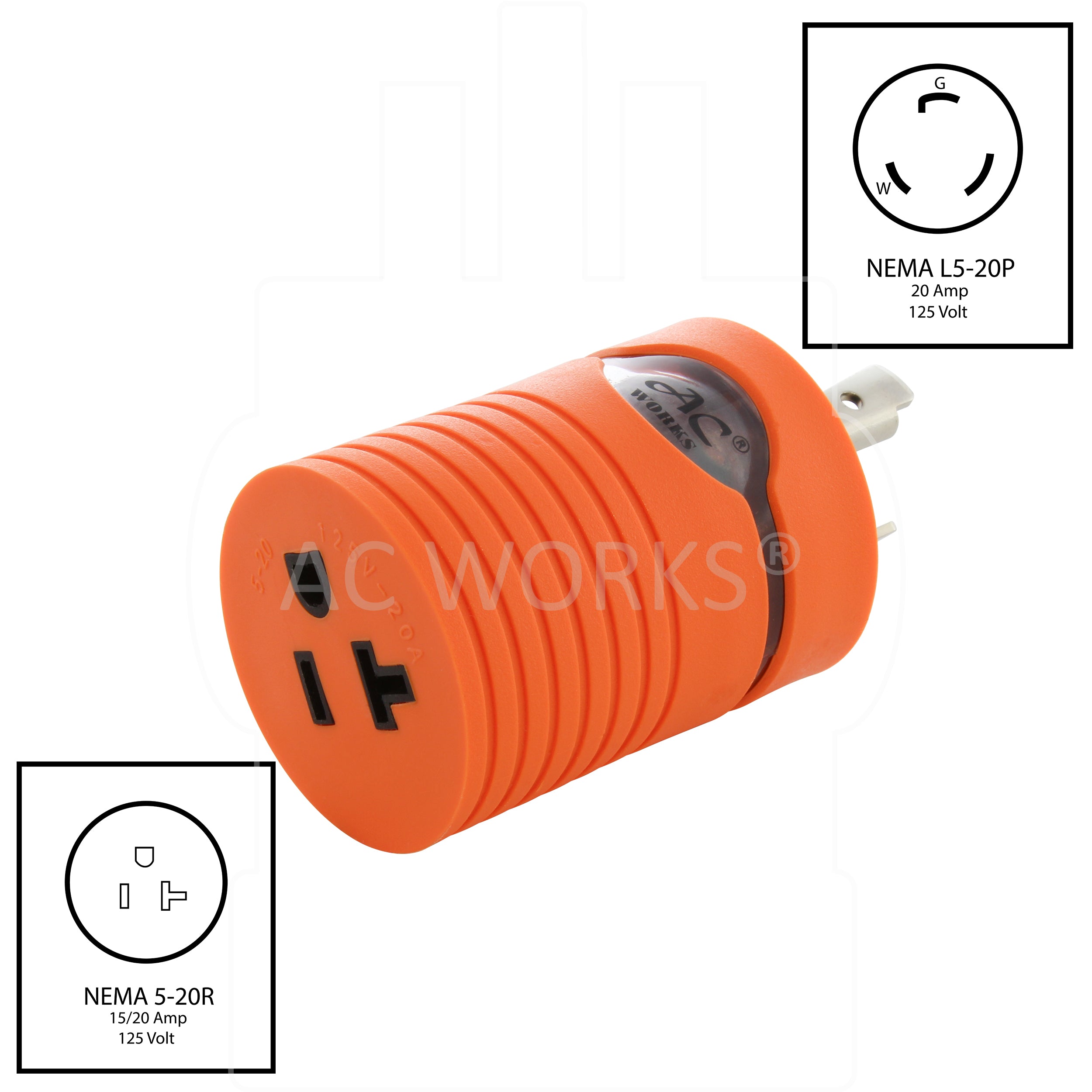 AC WORKS® [ADL520520] Adapter 20A 125V L5-20P Male Plug To 5-15/20R 15/20A T-blade Female Connector with cCSAus Approval