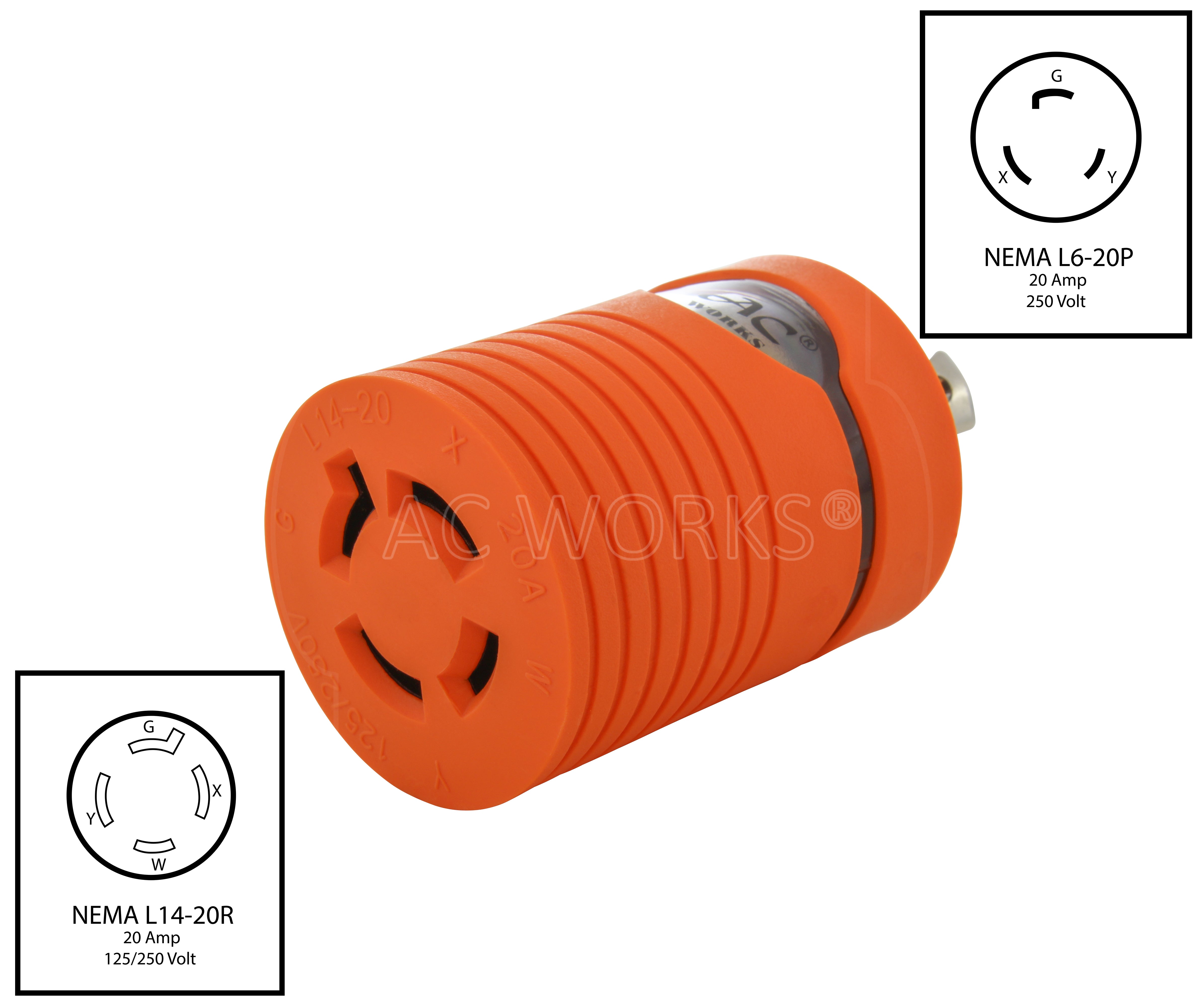 AC WORKS® [ADL620L1420] Adapter L6-20P 20A 250V Locking Plug to 4-Prong 20A L14-20R Connector