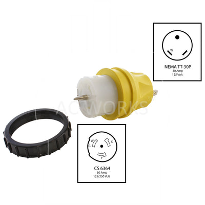 AC WORKS® [ADTETT] Temporary Power RV 30A TT-30P Plug to CS6364 50A Locking Female Adapter