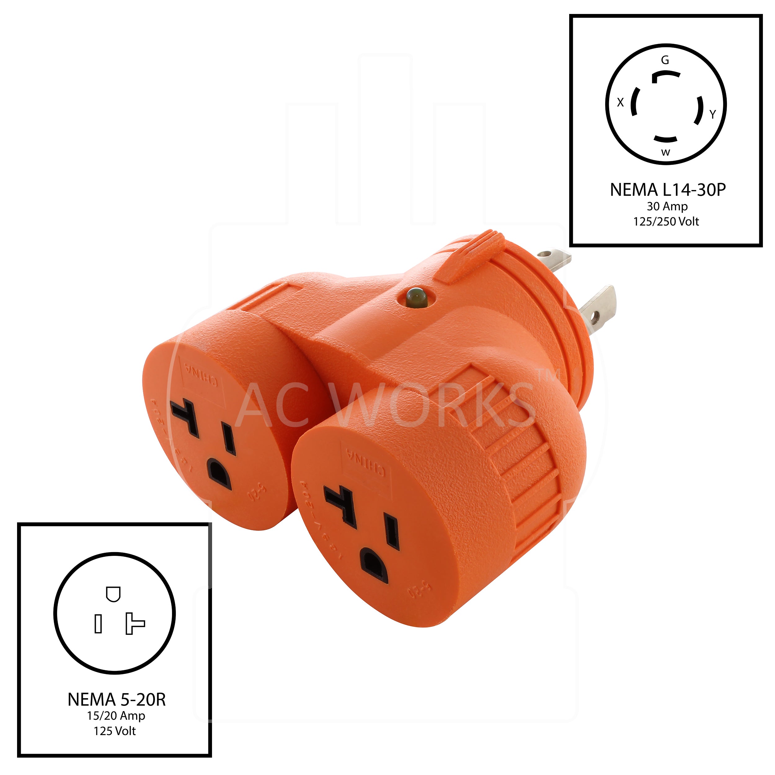 AC WORKS® V-DUO [ADVL1430520] Generator Adapter NEMA L14-30P 30A Plug to (2) 15/20A Connectors