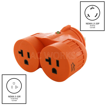 AC WORKS® V-DUO [ADVL520520] Adapter L5-20P 20A 125V 3-Prong Plug to Two 5-20R 20A Household Connectors