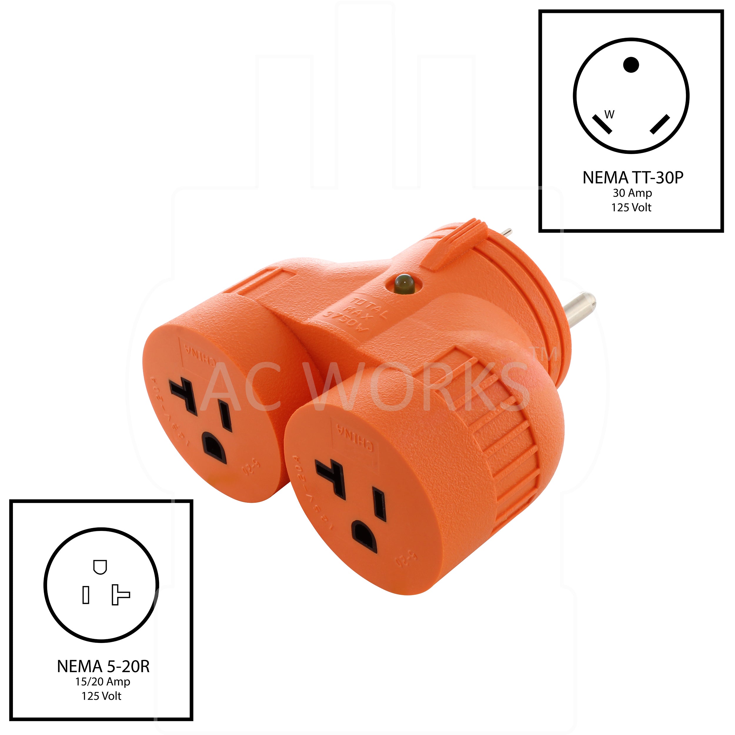 AC WORKS® V-DUO [ADVTT520] Adapter TT-30P RV 30A Plug to (2) 15/20A Household Connectors