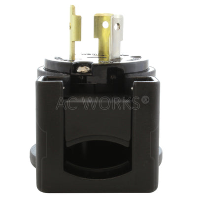 NEMA L5-20P male locking elbow wiring plug bottom view of electrical entrance
