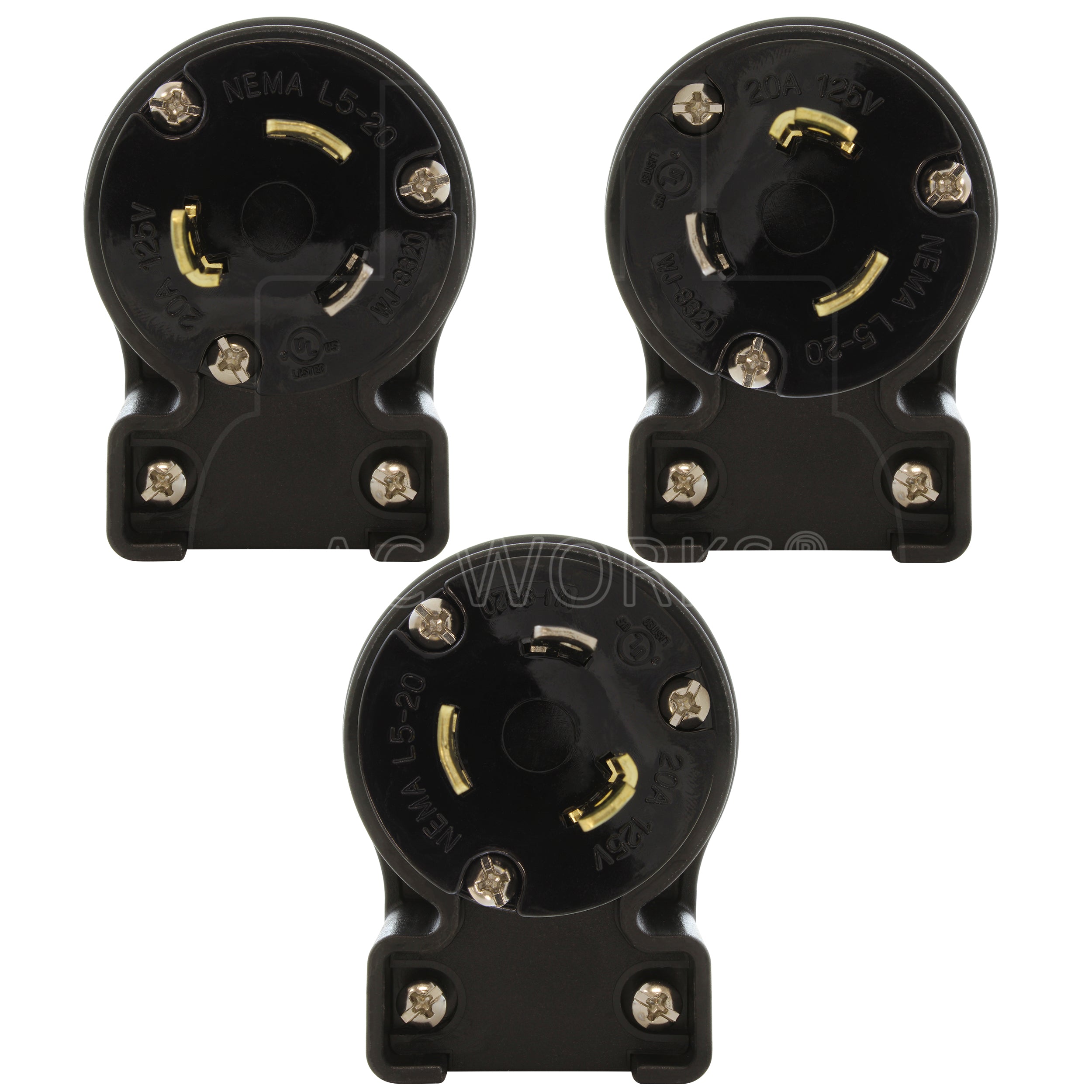 NEMA L5-20P male locking elbow wiring plug in 3 different angles