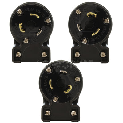 NEMA L5-20P male locking elbow wiring plug in 3 different angles