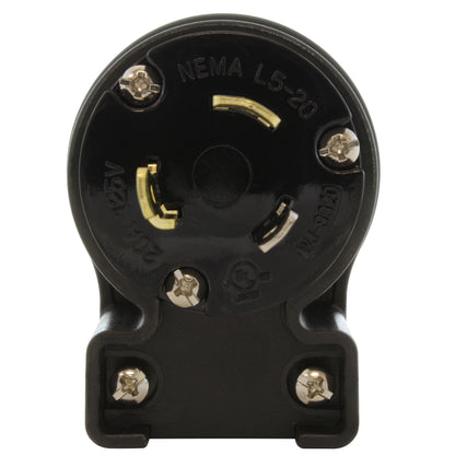 NEMA L5-20R male locking elbow wiring plug front view with 3 prongs