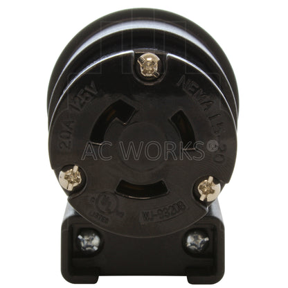 NEMA L5-20R female locking elbow wiring connector front view with 3 prongs
