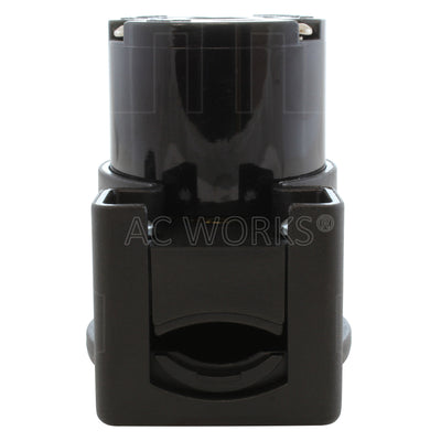 NEMA L5-20R female locking elbow wiring connector bottom view of electrical entrance