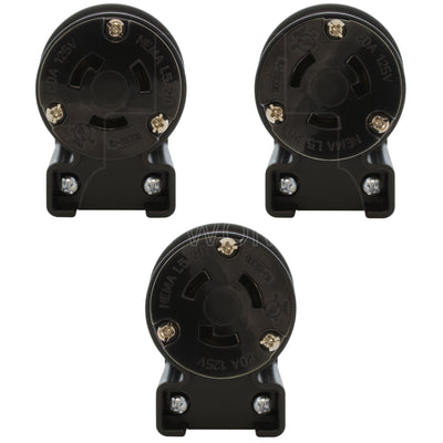 NEMA L5-20R female locking elbow wiring connector in 3 different angles