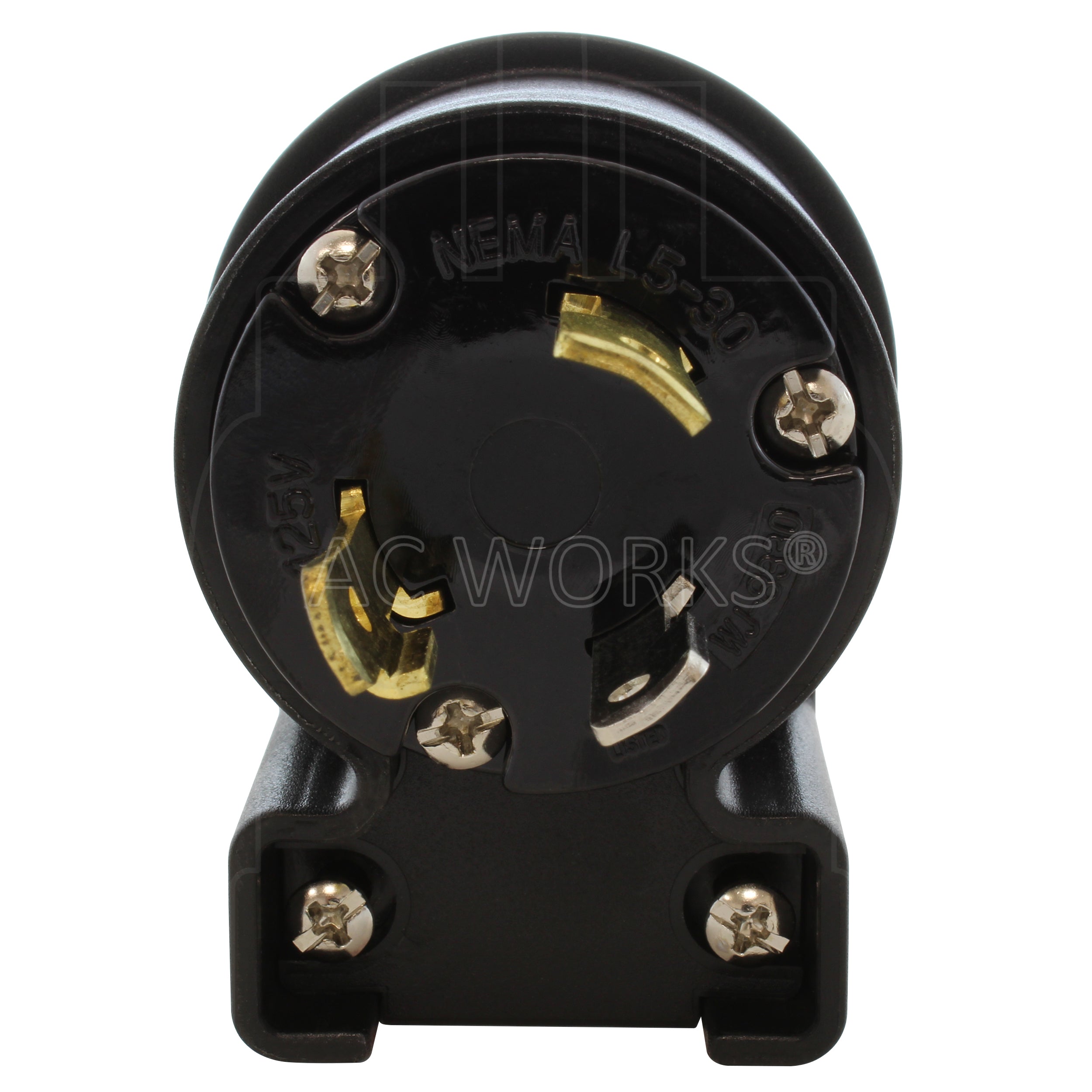 NEMA L5-30P male locking elbow wiring plug front view with 3 prongs