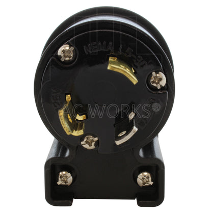 NEMA L5-30P male locking elbow wiring plug front view with 3 prongs