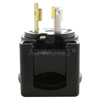 NEMA L5-30P male locking elbow wiring plug bottom view of electrical entrance