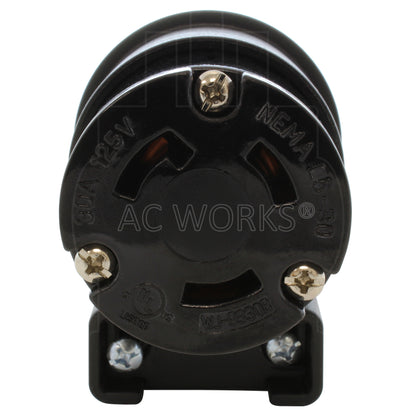 NEMA L5-30R female locking elbow wiring connector front view with 3 prongs
