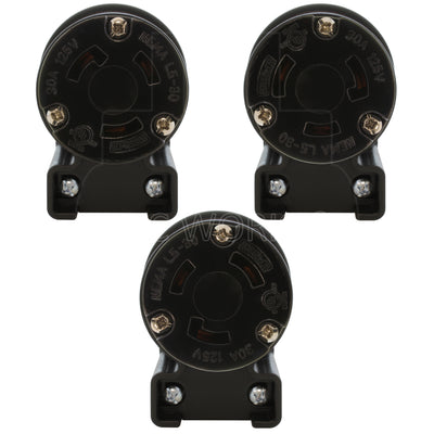 NEMA L5-30R female locking elbow wiring connector in 3 different angles