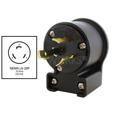 NEMA L6-20P, 20 Amp,250 Volt male locking elbow wiring plug