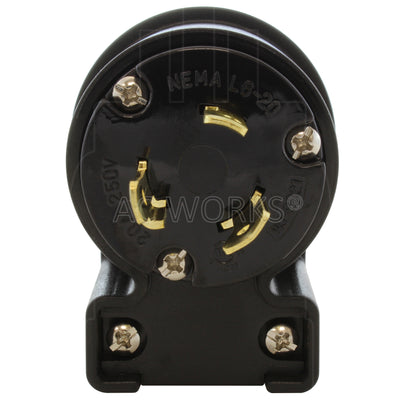 NEMA L6-20P male locking elbow wiring plug front view with 3 prongs